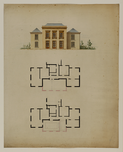 216529 Opstand van de voorgevel en plattegronden van de begane grond en eerste verdieping van het huis Nieuweroord ...